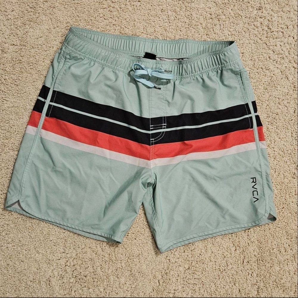 RVCA Men’s Mint Green Swim Board Shorts with Black and Coral Stripes